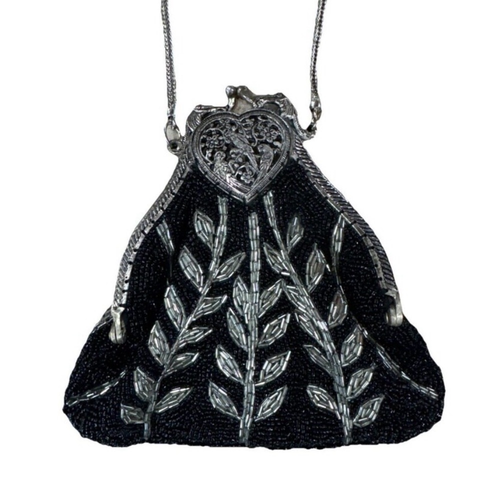 Antique Art Deco Beaded Handbag Attached Mirror Silver Bird